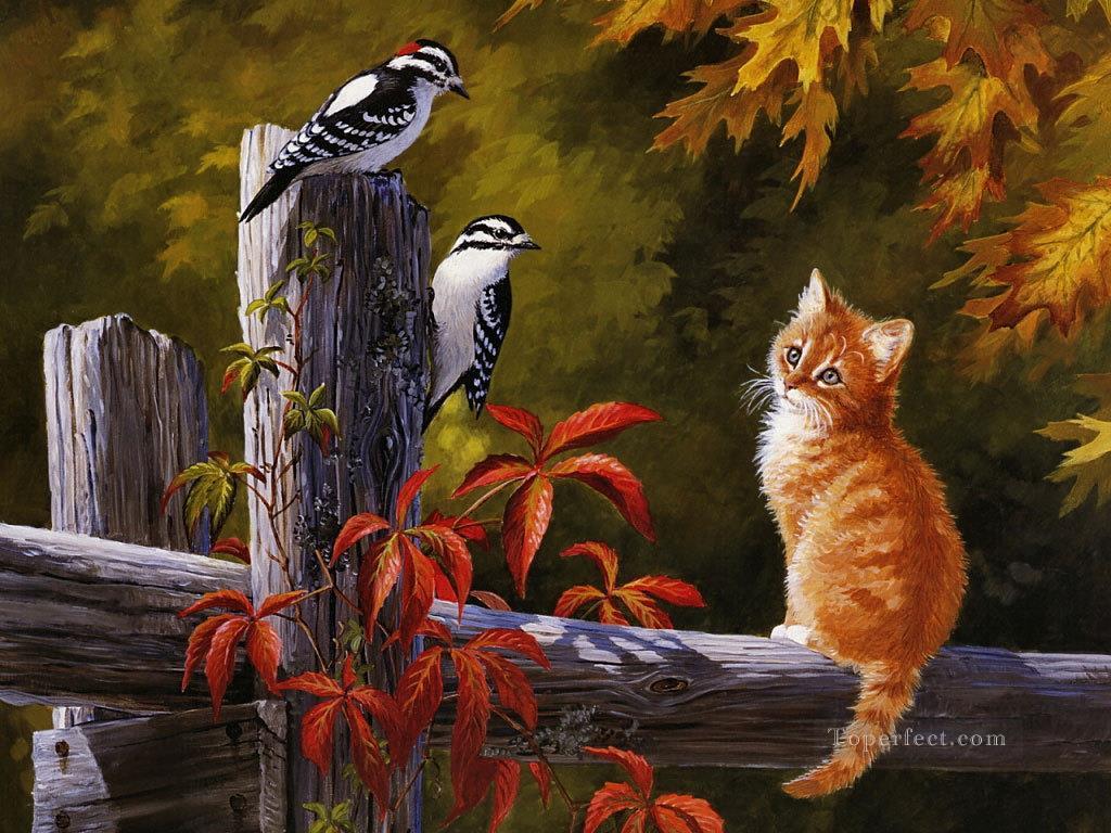 猫と鳥油絵